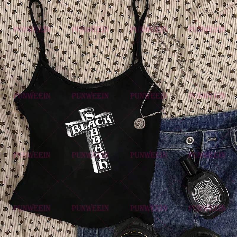 cross print Heavy Metal Crop Top Y2k Grunge Print Sleeveless Sexy Tanks Tops Camis band Streetwear Women 2000s Gothic punk vest