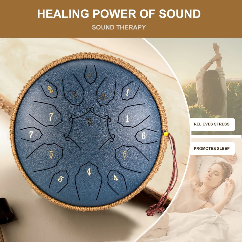 12 Inch Music Drum with Handbag Drumsticks 15 Notes Steel Tongue Drum Yoga Meditation Sound Healing D Tone Ethereal Drum