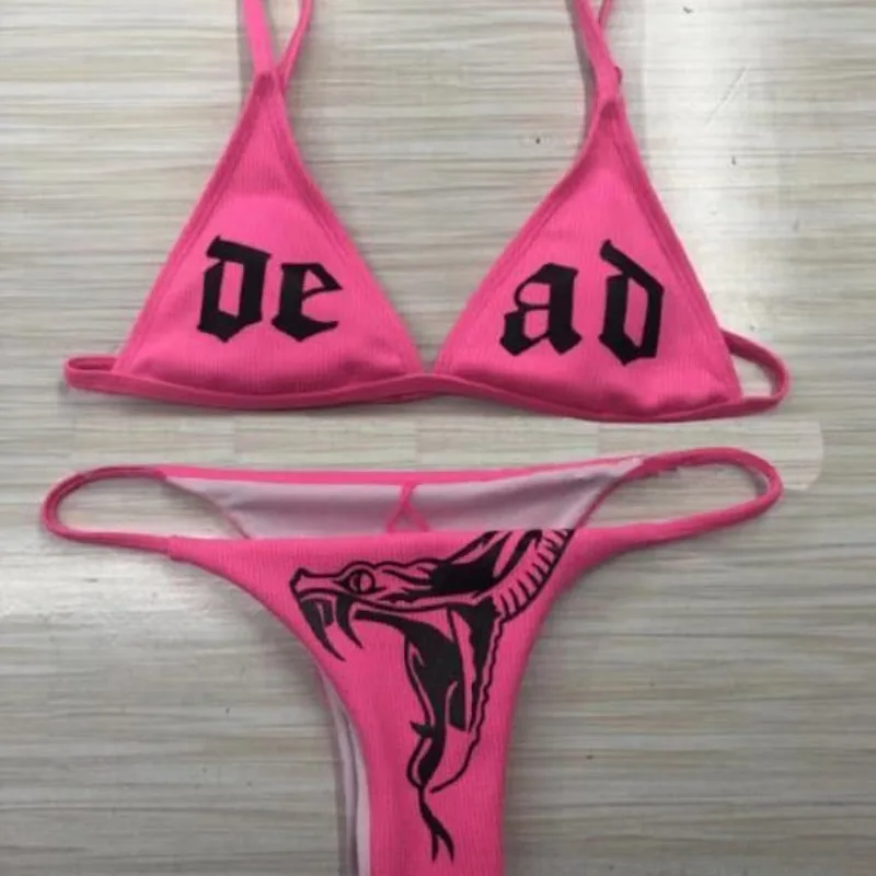 Neon Green Snake Print Letter Bikini Set Women Sexy Triangle Swimsuit 2 Piece Bathing Suit Summer Beachwear