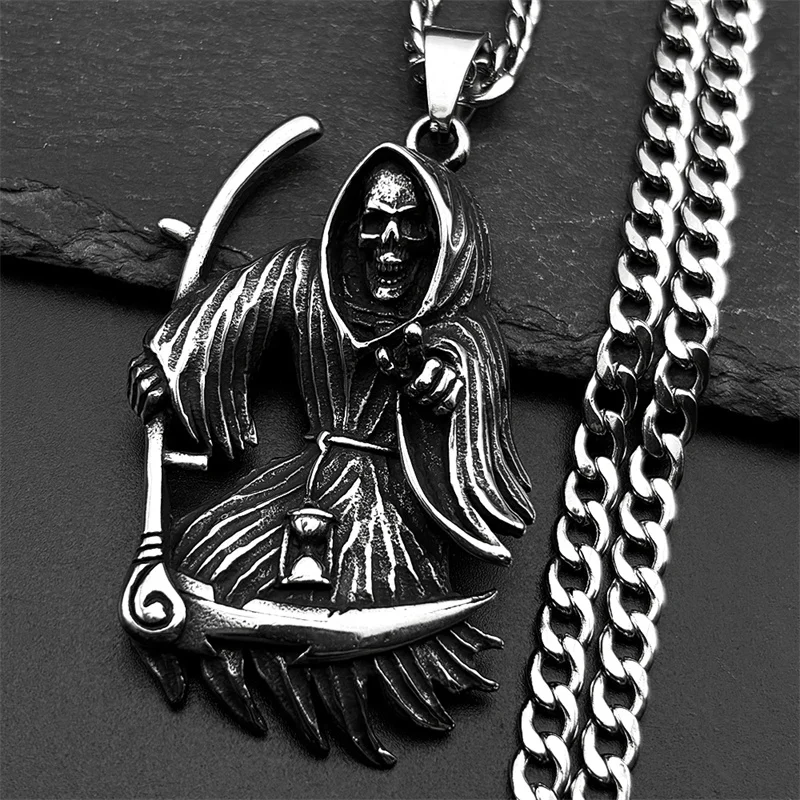 

European Style Antique Death Necklace for Men Stainless Steel Silver Color Pendant Punk Hip Hop Chain Jewelry Halloween Gift