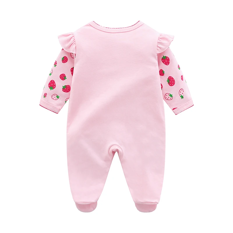 Baby's Cotton Long-Sleeved Jumpsuit, Newborn Girl Clothing, Foot-covering Cute Strawberry Pattern, Spring and Summer