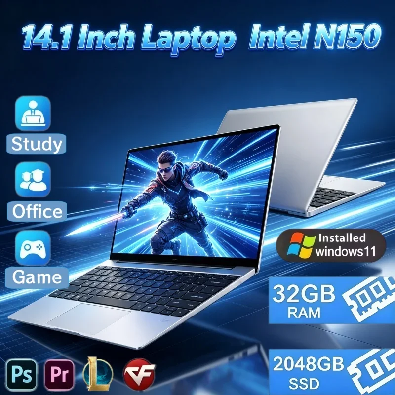 New Arrival 14.1 Inch Ultra Slim Laptop Intel N150 32GB RAM 2TB SSD Win11 Office Entertainment Gaming PC