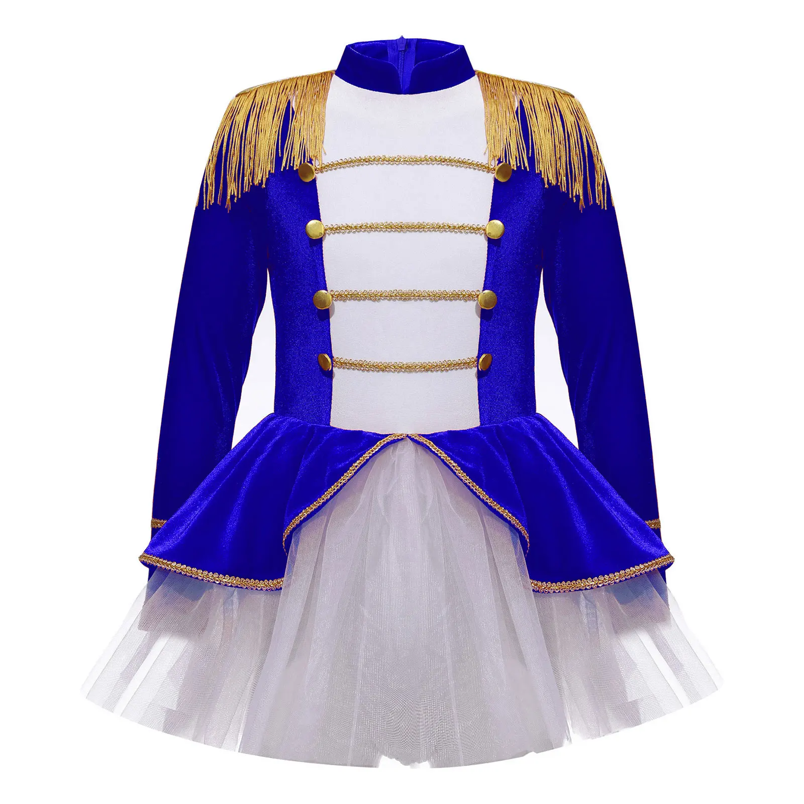 Kids Girls Christmas Circus Ringmaster Costume Halloween Carnival Party Cosplay Long Sleeve Tassel Epaulet Tutu Leotard Dress
