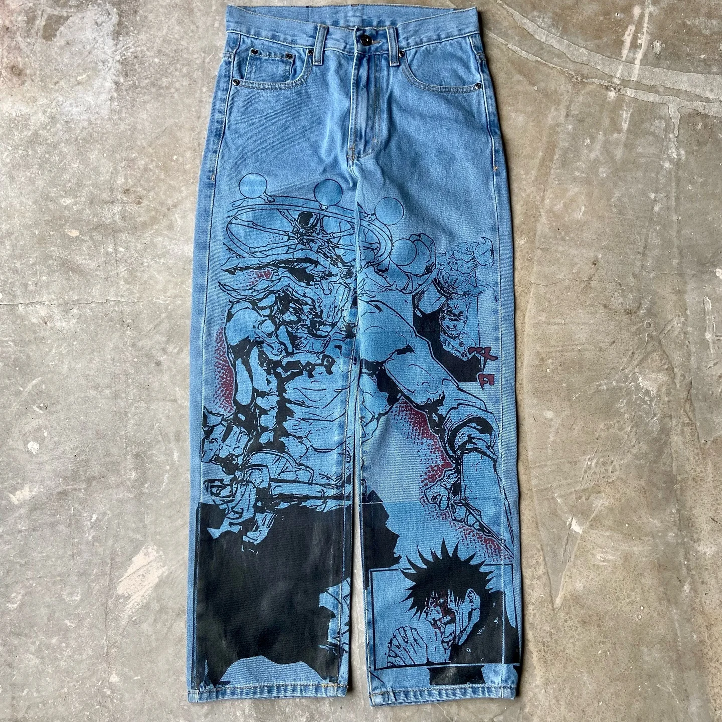 Harajuku azul anime coleção gráfico perna larga jean moda streetwear casais calças de cintura alta denim masculino estilo y2k jeans