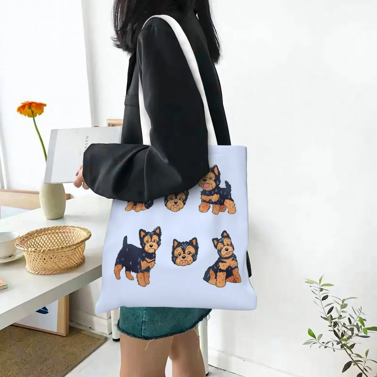 Cute Yorkshire Terrier Dog Shopping Bags Women Canvas The Tote Bag Reusable Girls Shoulder Tote Travel Handbag