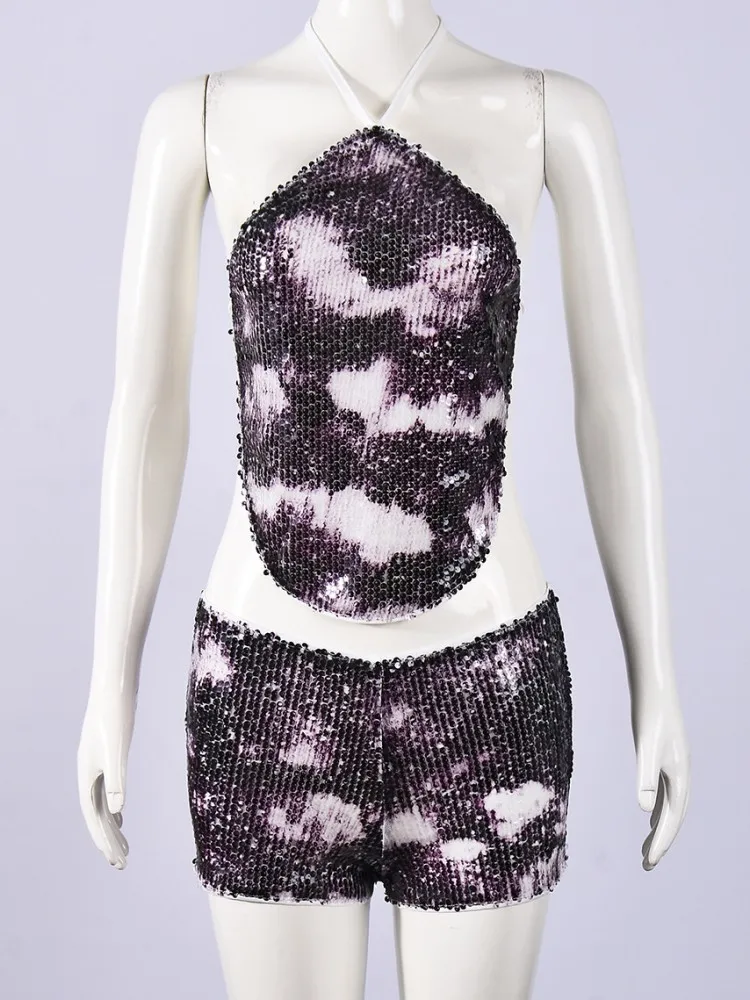 

Женский комплект из 2 предметов, весна-лето 2026, топы без рукавов с блестками и шорты, костюмы, модные одинаковые комплекты, спортивные костюмы