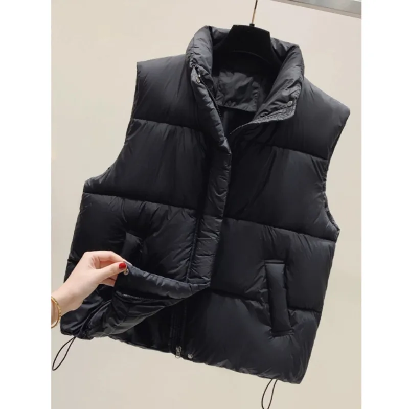 [EWQ] Drawstring Design Stand Collar Sleeveless Cotton Waistcoats Thick Outerwear Warm Women Winter Vest winter 2024 Autumn O243