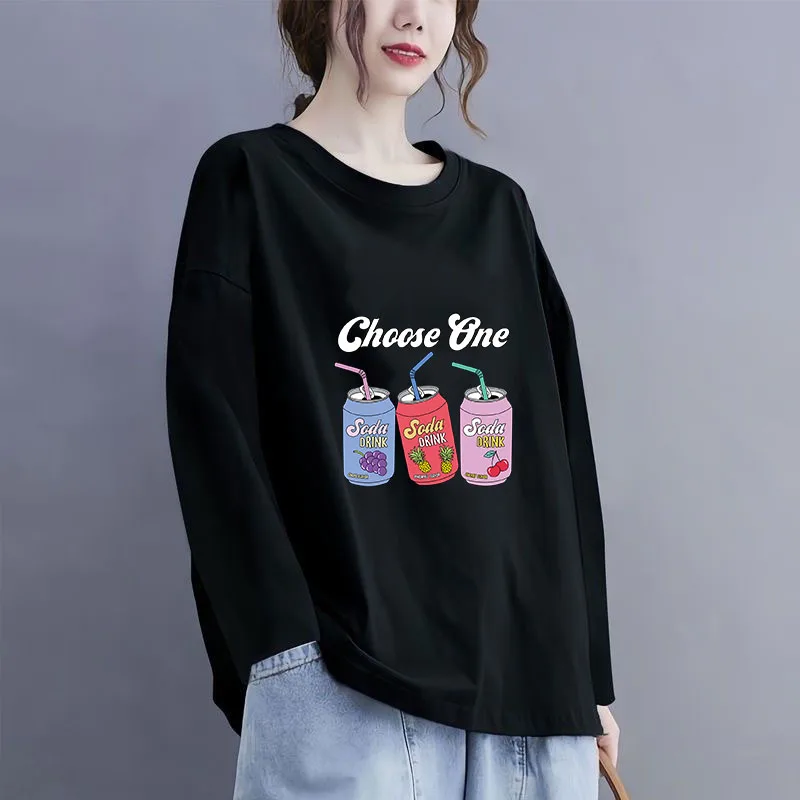 オーバーサイズプラスサイズ Tシャツジュースプリント女性秋冬白 Tシャツカジュアル長袖トップ女性漫画服