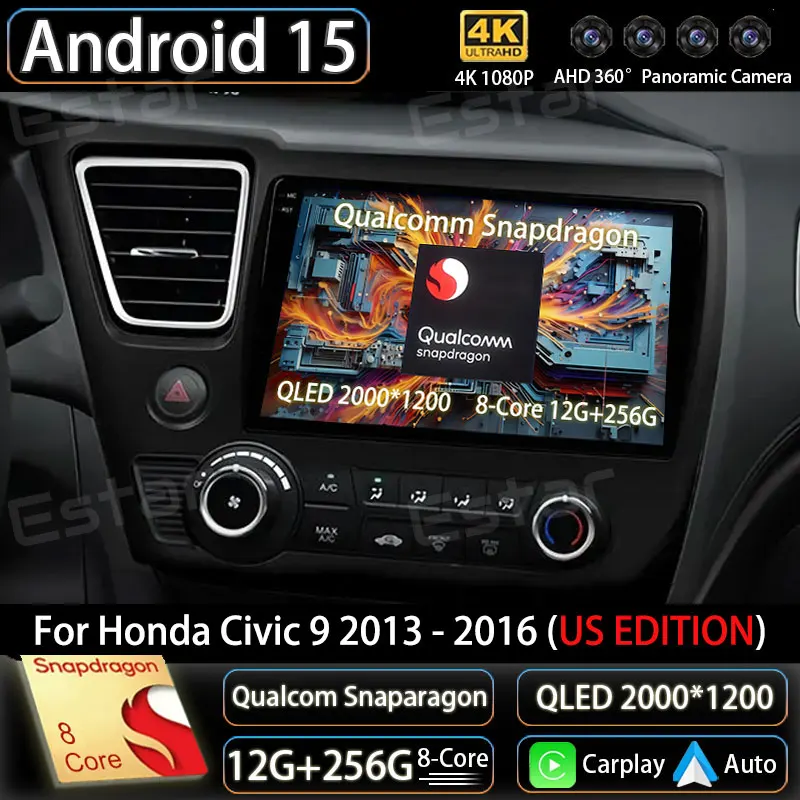 Автомобильный радиоприемник Android 15 для Honda Civic 9 2013-2016 (ИДАНИЕ США) Мультимедийный плеер GPS Navi Головное устройство Беспроводной Carplay Стерео DSP