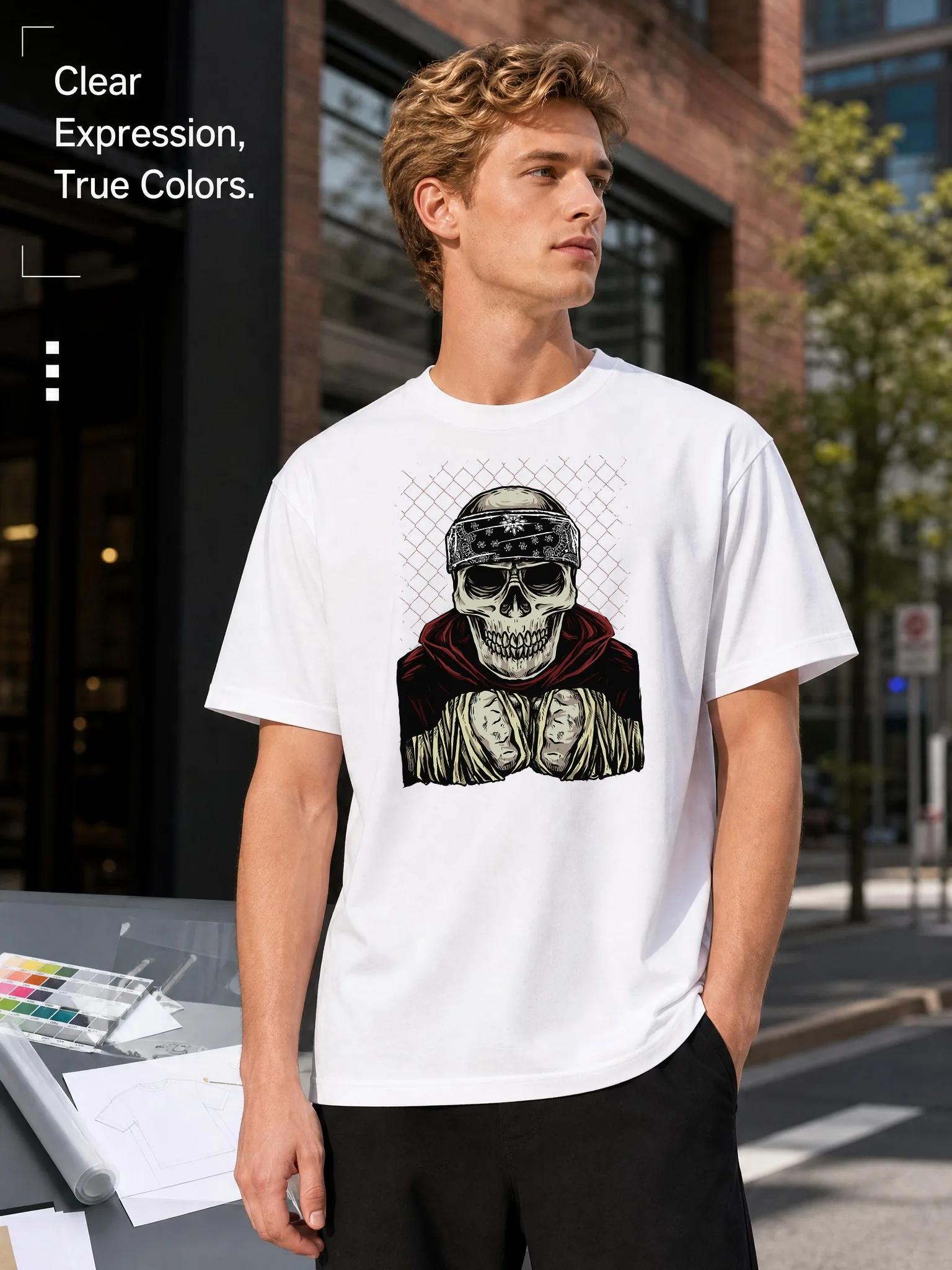 Men's White Round-Neck Short-Sleeved T-Shirt with Skull Print Pattern, Street Fashion Style, Loose Fit, Everyday Casual Versatile Style, Comfortable and Breathable Polyester Fabric