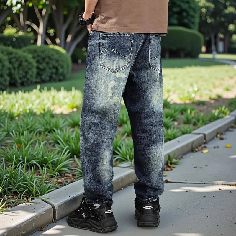 American Graffiti High Street Trendy Brand Printed Hand drawn Jeans for Men, Loose Straight Tube, Sagging, Handsome Pants