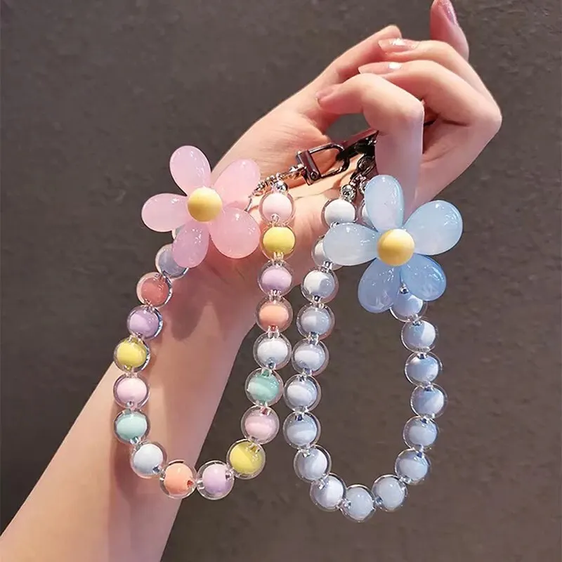 Phone Anti-lost Lanyard Key Short Wrist Pendant Colorful Macaron Round Bead Pendant Women\'s Hand-held Chain Mobile Phone Lanyard