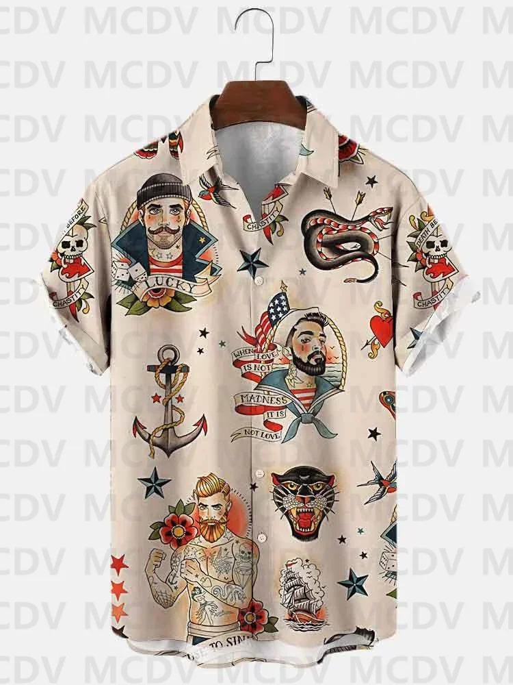 Men's Vintage Sailor Print Casual Breathable Short Sleeve Hawaiian Shirt 3D Printed Men's Button Shirt Hawaiian Shirts