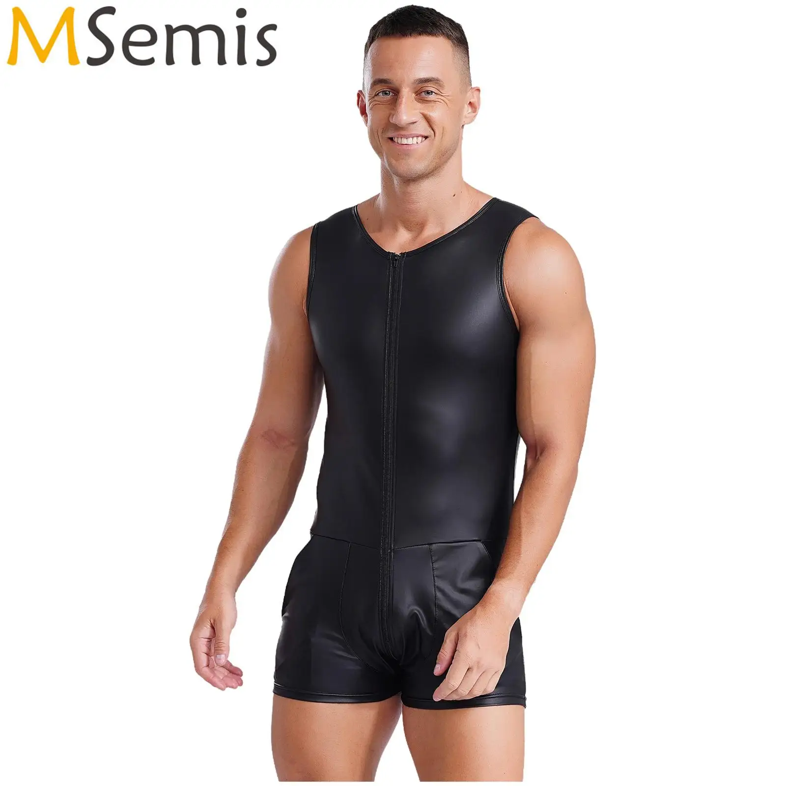 

Mens Lingerie One Piece Faux Leather Bodysuit Round Neck Sleeveless 3-end Zipper Leotard Rompers Jumpsuit Clubwear Nightwear