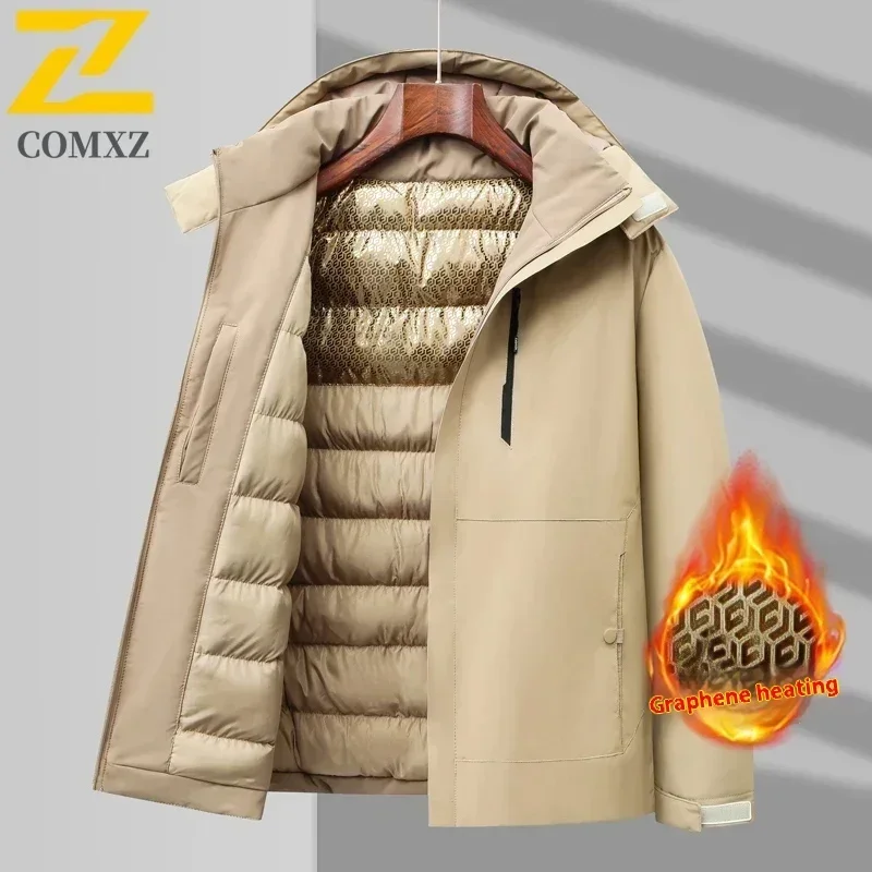 Men Jacket Solid Color Hooded Slim Fit Jacket Outdoor Travel Graphene Technology Warm Jacket Windproof Waterproof Winter Jacket