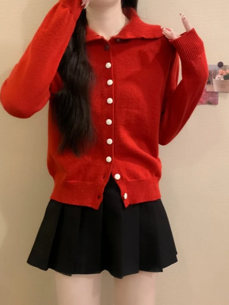 

Retro Cisas Aosphere Red Knitted ort Cardigan Women's Autumn Winter New Sle Small Size Coat Sweater Ci Walk Woole...