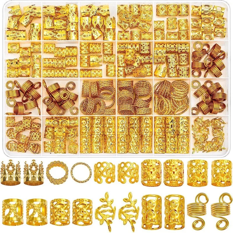 

Diy Dreadlock Braids Hair Rings Set 220Pcs Gold Coil Tube Cuffs for Women Floral Hollow Spring Accessories Party Festival Gift