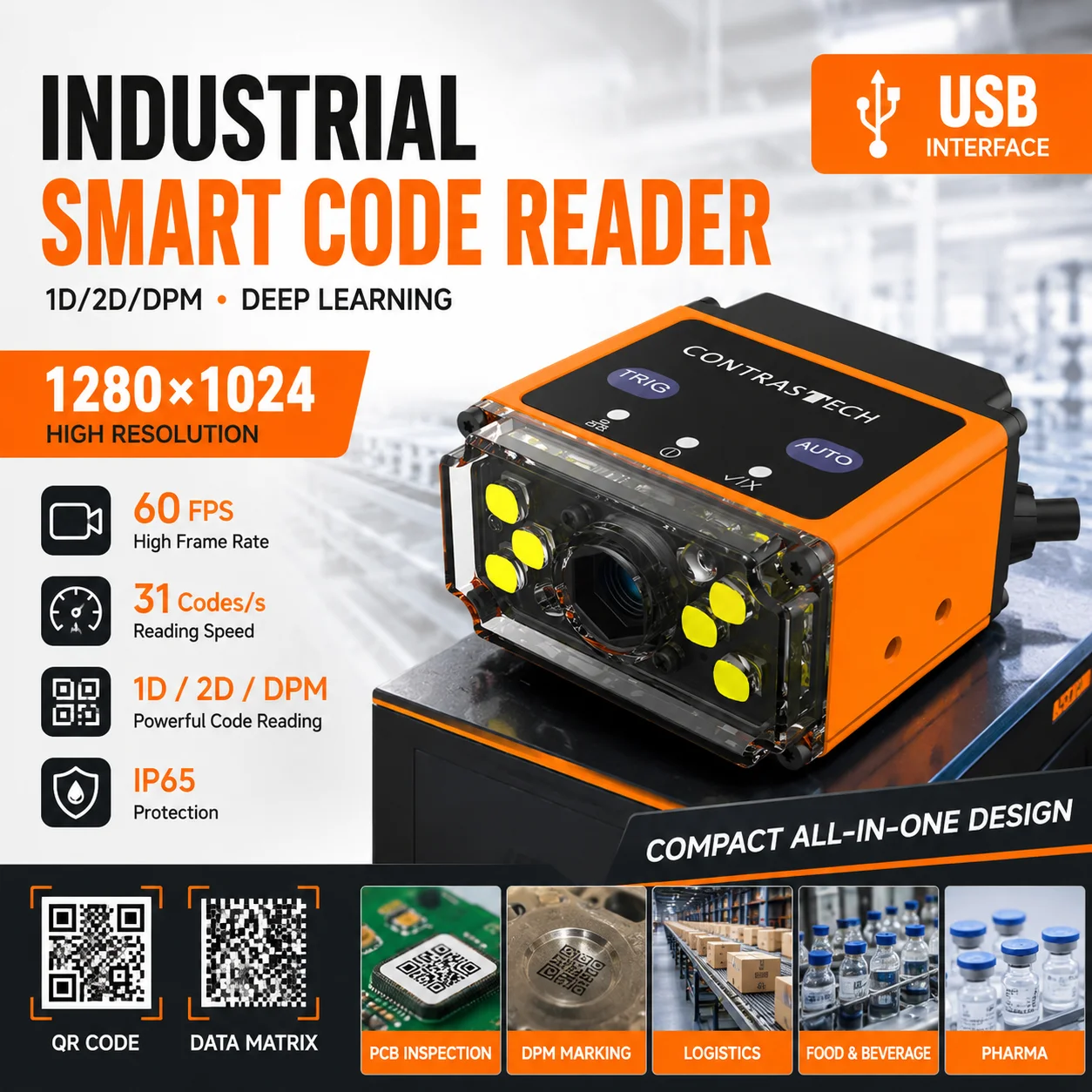 VRA1305S USB Industrial Barcode Reader 1280x1024 60FPS 1D 2D DPM Smart Code Reader Fixed Mount Machine Vision Scanner CONTRASTEC