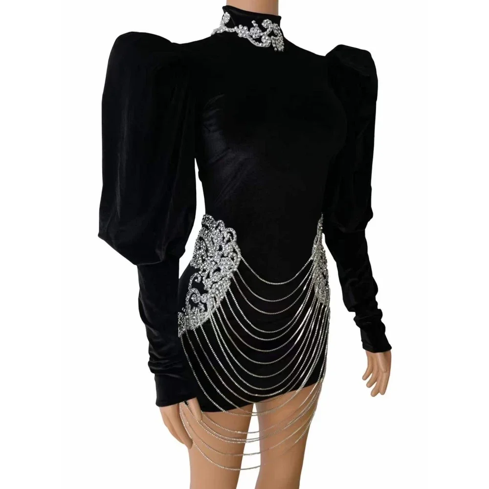 Black Puff Sleeves Shining Rhinestones Chain Swan Velvet High Neck Sexy Women Dress Fashion Show Stage Clothing Evening Costume