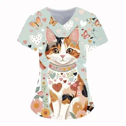 Medical Uniform for Women cute Cat 3D Print V-Neck Clinical Uniform Short Sleeve Patch Pocket Tops Surgical Women's Uniforms