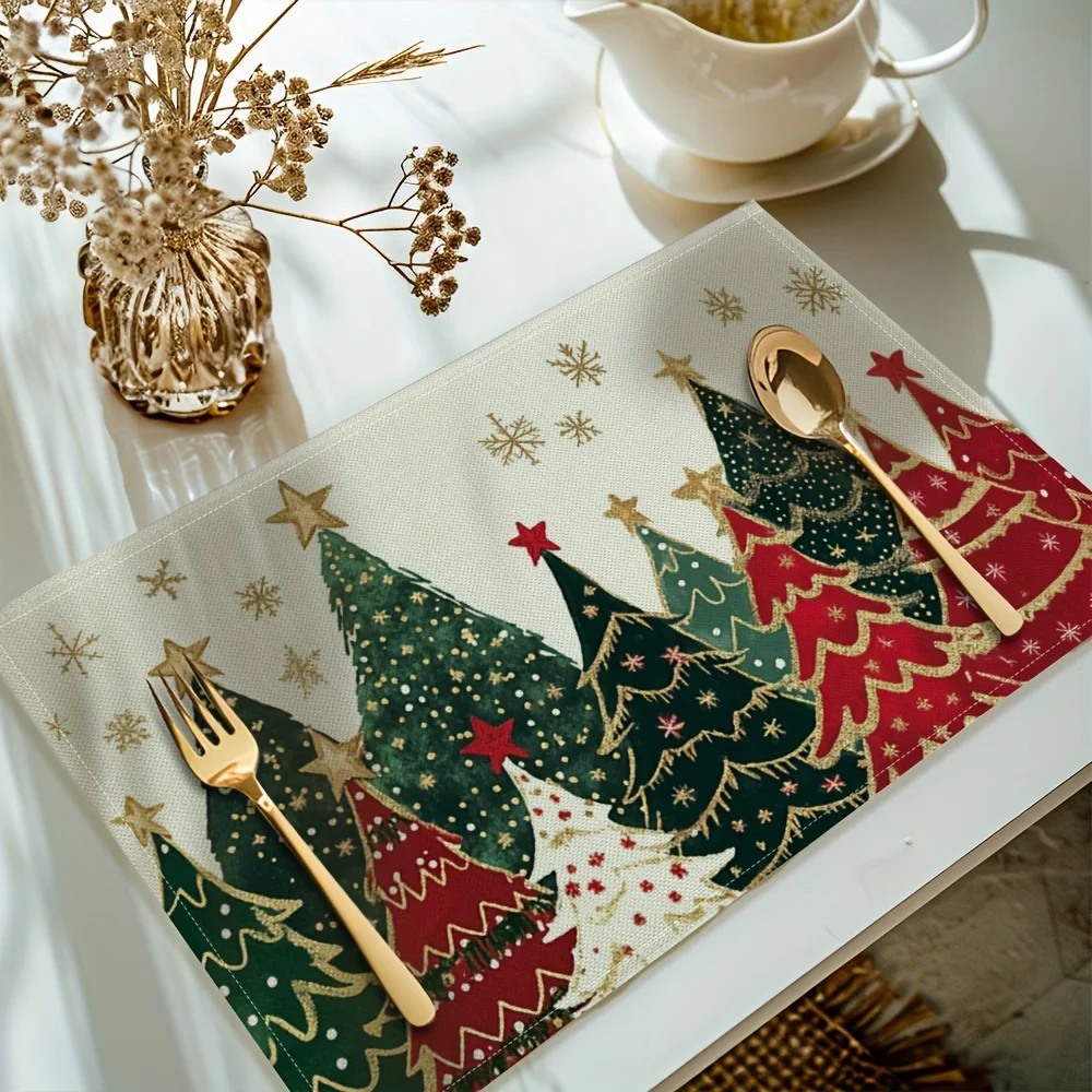 4pcs Christmas Placemats , Holiday Christmas Tree Pattern Table Mats, Christmas Fabric Decorative Table Heat-Resistant Mats