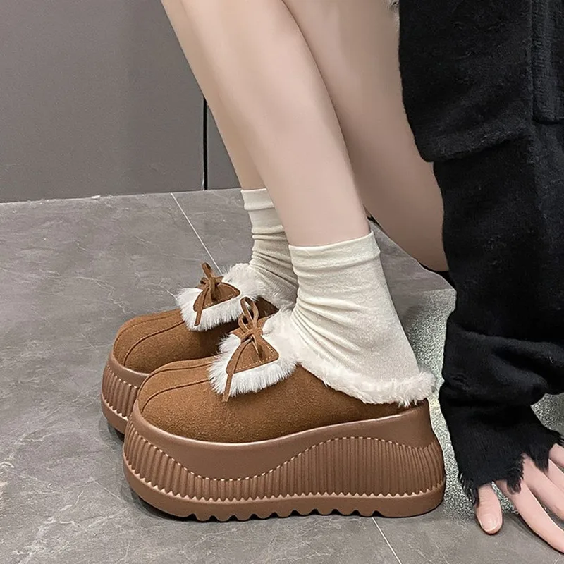 2026 Women Platform Fur Slippers Suede Mules Shoes Winter Trend Casual Snow Boots Short Plush Warm Cotton Shoes 11CM High Heels