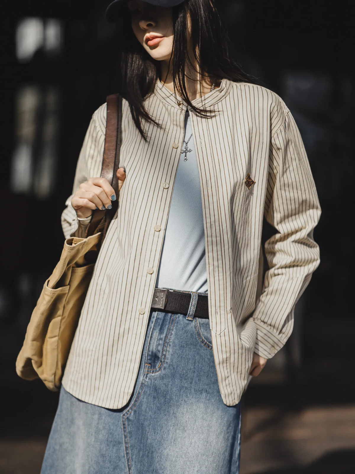 

Maden Pure Cotton Striped Stand Collar Loose Long Sve Women's irt Autumn Outerwear Breathable Sweat Absorbent French Sle