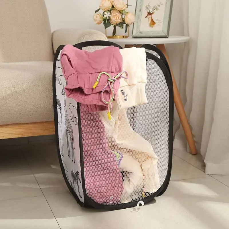 Baby Bath Toy Organizers Basket Home Bathroom Dirty Clothes Storage Basket Cartoon Print Mesh Foldable Laundry Basket