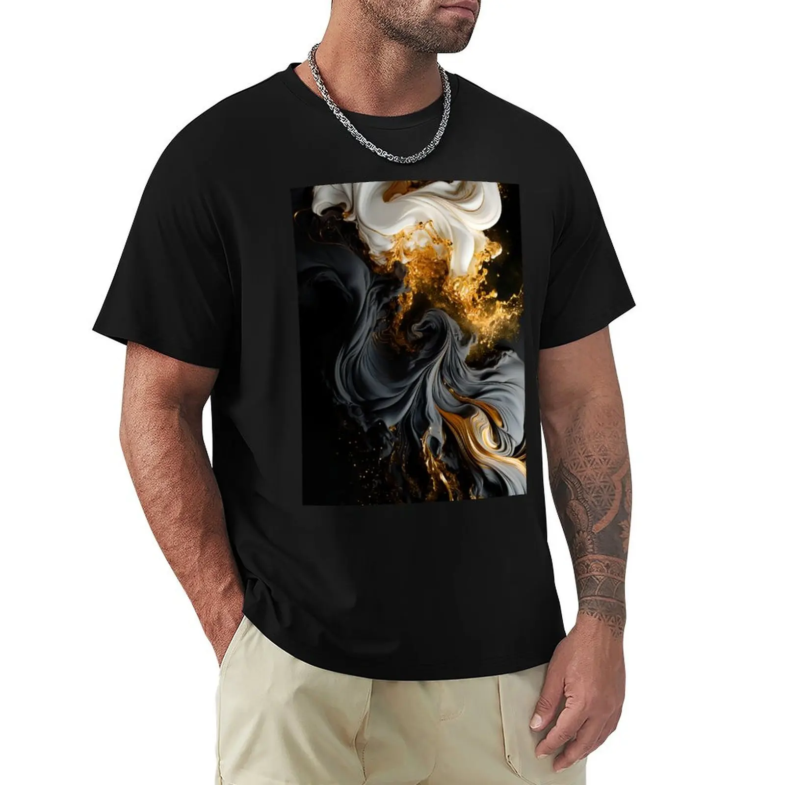 White, Gold & Black Abstract Glamor Cosmic Contrast T-Shirt Plus Size Lightweight Tee Shirt