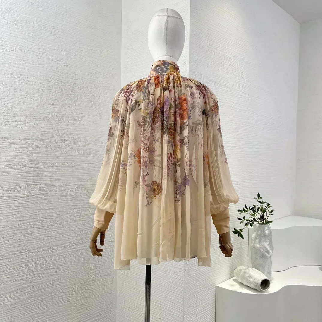 2024 New High Quality Hot Peach Color Flowers Print Long Sleeve Ruched Blouse for Women