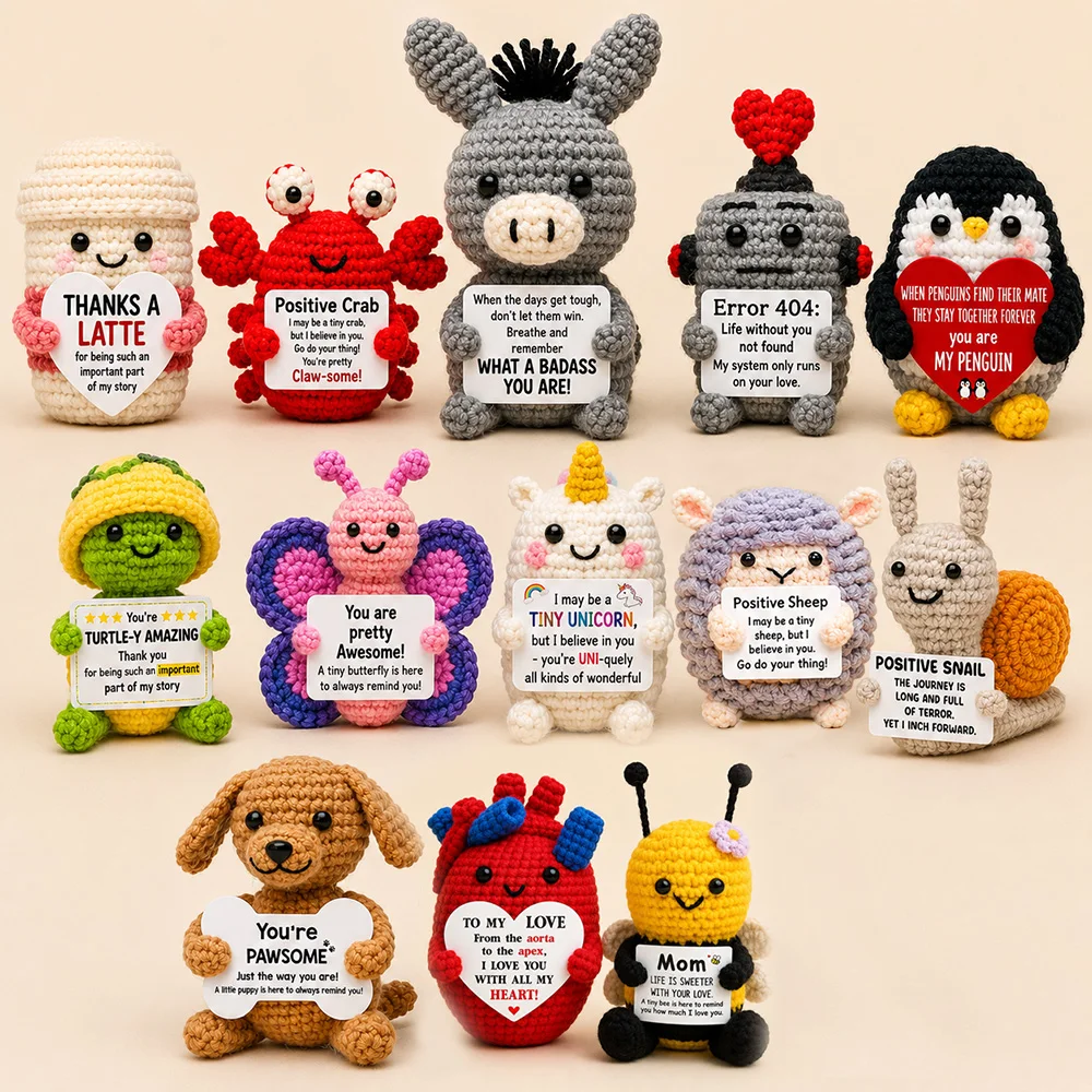 New Handmade Positive Crochet Donkey Animal Doll with Funny Motivational Card Emotional Support Buddy Gift for Friend Coworker