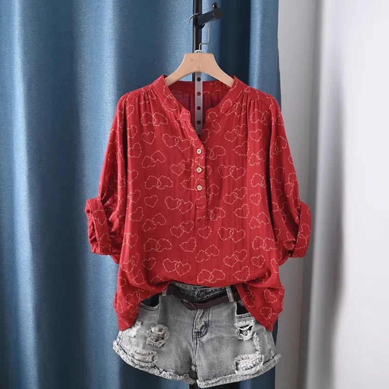 

Cotton yarn print blouses for women autumn Japan style short sleeve v neck vintage red printed shirts middle aged women clothing