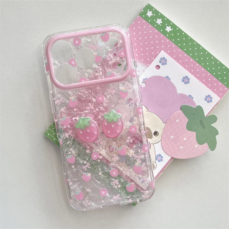 

Kawaii 3D Strawberry Shell Pattern Phone Case For iPhone 15 16 17 Pro Max Glitter Shockproof Soft TPU Cover fashion phone cases