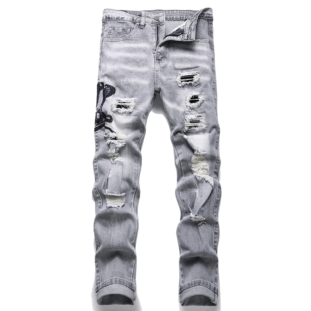 

Men Snake Embroidery Gray Denim Jeans Streetwear Holes Ripped Distressed Stretch Pants Embroidered Slim Straight Trousers