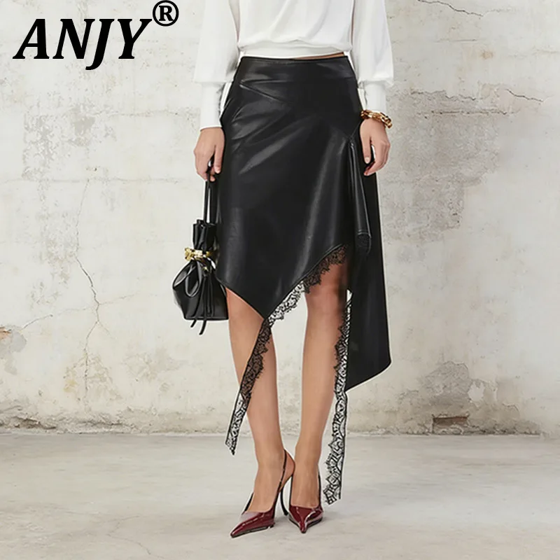 

ANJY Новая женская юбка из искусственной кожи с асимметричным дизайном и кружевными вставками, модная, в стиле High Street, весна-лето A20427