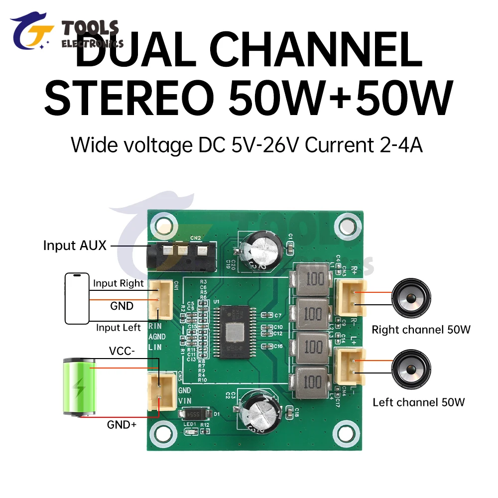 

TPA3116 Audio Power Amplifier Board DC 5V-26V 50W+50W 2.0 Channel Digital Class-D Stereo Audio Amplifier Board Amp Module