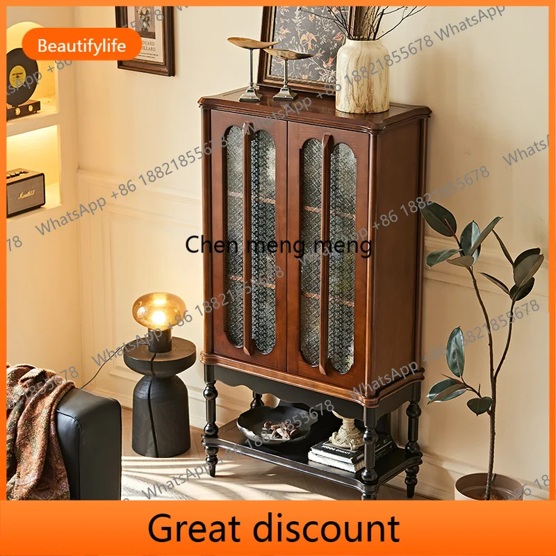 

D53 French medieval style solid wood side cabinet retro style living room home integrated storage begonia glass