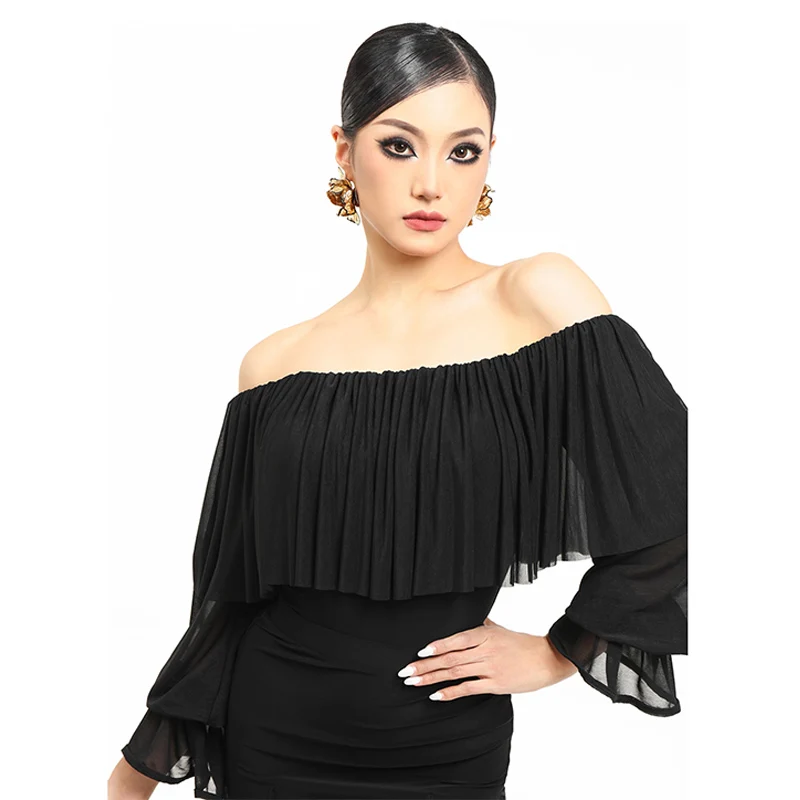 Off Shoulder Ballroom Dance Tops Black Ruffled Leotards Adult Women Waltz Dance Clothes Performance Costume Latin Tops DNV21835