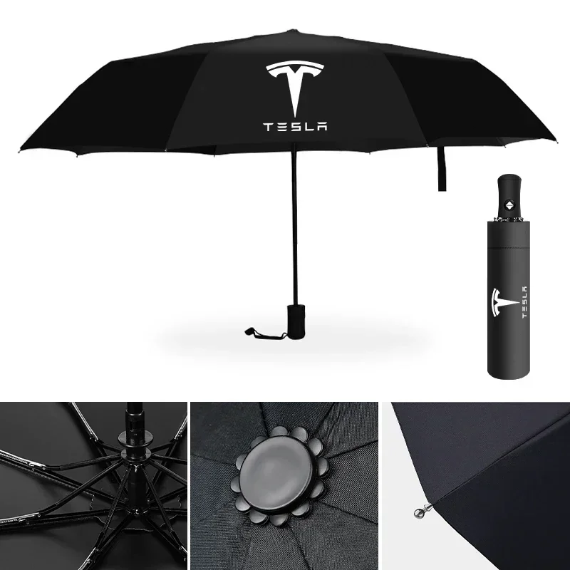 Car Portable Automatic Folding Rain Umbrella For Tesla Emblem Model S Model X Model 3 Roadster Cybertuck Auto Goods Accessories