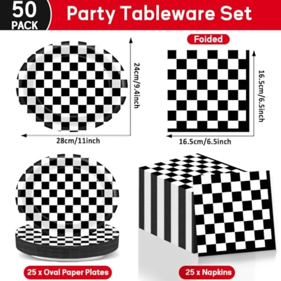 Racing Car Party Oval Paper Plates 11inch Black and White Checkered Flag Plates and Napkins, Dish Tray for Race Fans Birthday P view 2