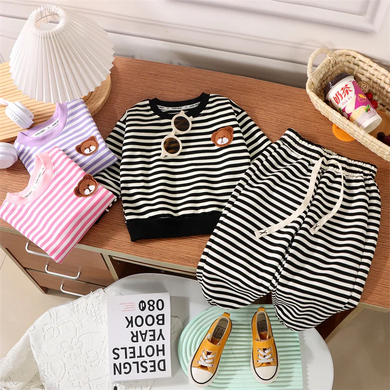 New Boys Striped Bear Sets Girls Cute Sweater Loose Trousers 2 Pcs Spring Autumn Children's Fashion Casual Suit 12M-6 Years Old