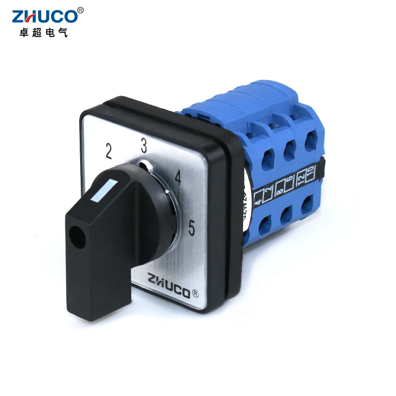 ZHUCO SZW26/LW26-20 Ui 660V 20A 1-2-3-4-5  3 Phase 12 Terminals 5 Position Changeover Selector Cam Switch 48X48 mm Panel Mount