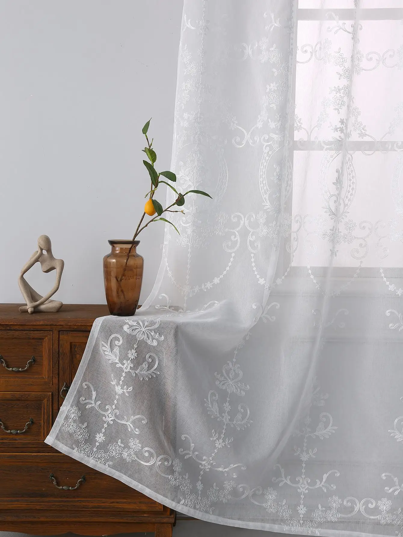 Sheer Curtains White Embroidered Floral Voile Drapes for Living room, Bedroom