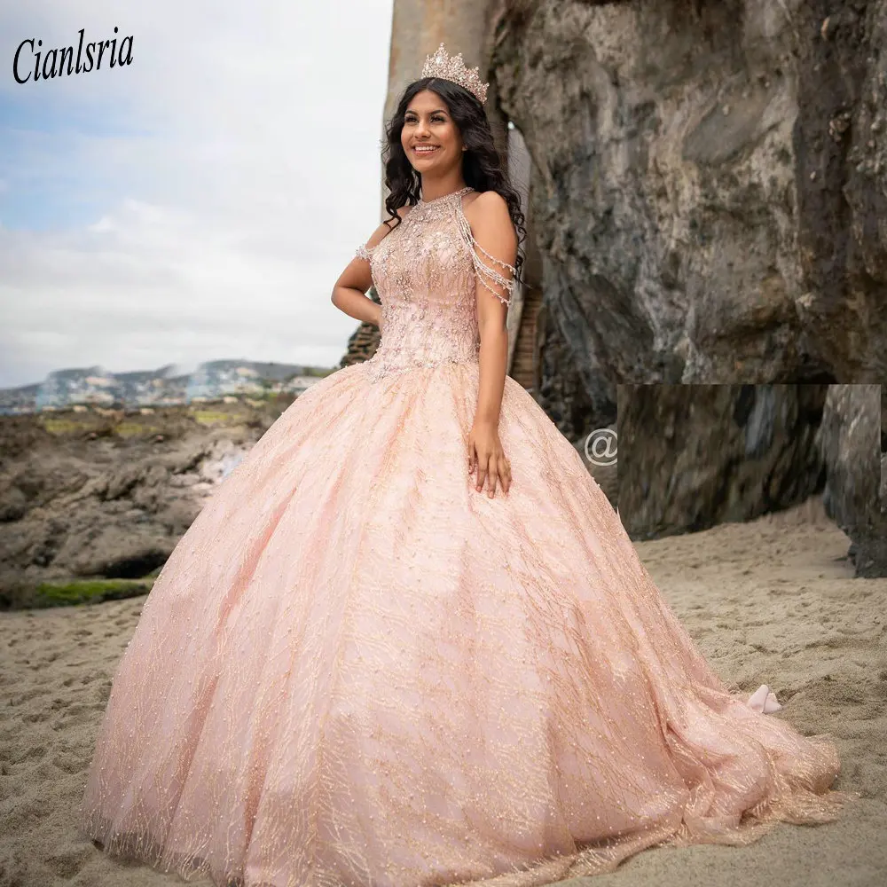 Vestido de baile de quinceañera con cuentas de cristal de oro rosa, brillante, sin hombros, con cordones en la espalda, para fiesta de graduación de 15 años