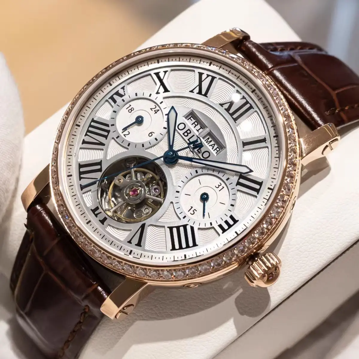 OBLVLO Men Automatic Watch 42mm Mechanical Wristwatch Luminous Skeleton Dial Sapphire Mirror Multi-Dial Month,Week,Date,24 Hours view 2
