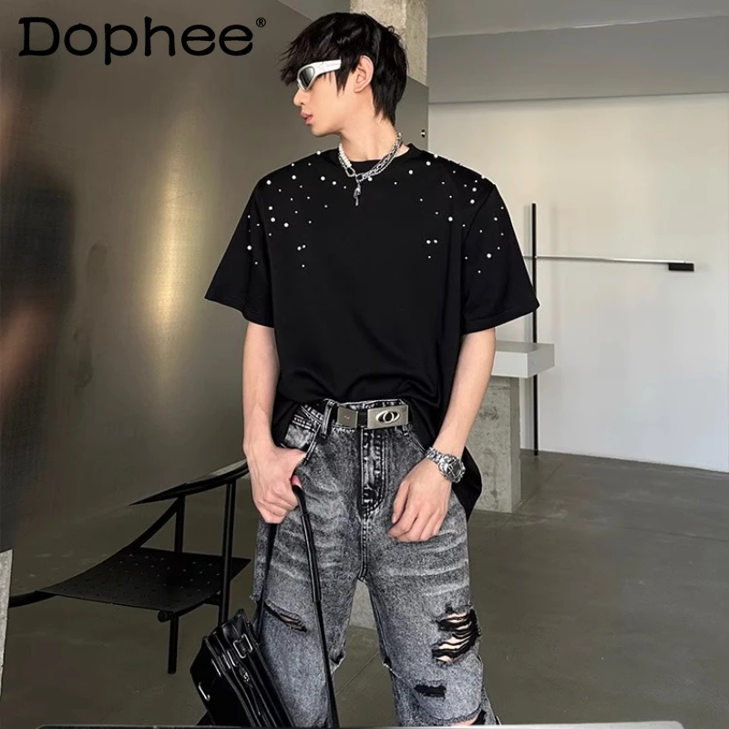 

2025 New American High Street Trendy Design Pearl T-Shirt Summer Loose Casual Versatile Short Sleeve Top for Men