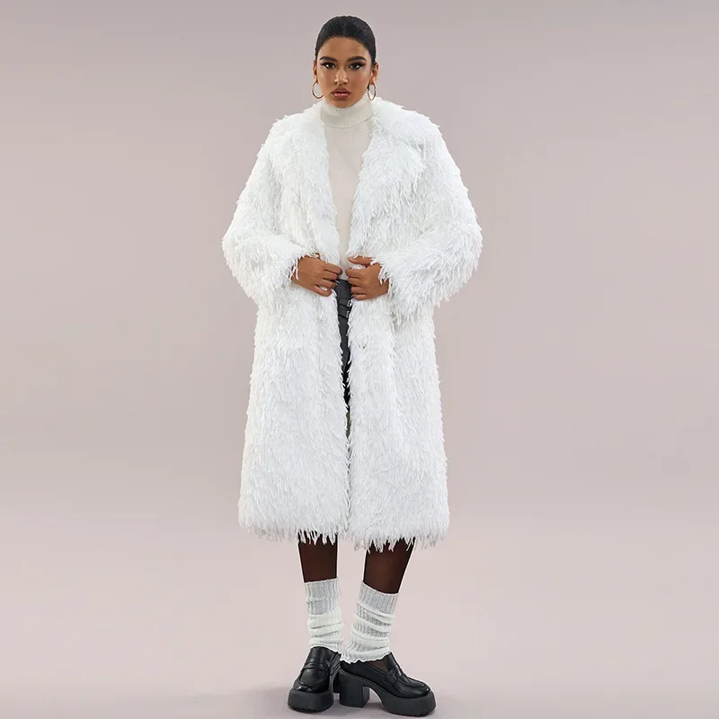 White Imitation Ostrich Fur Long Hair Coat Fashionable Trendy Women's Coat