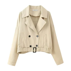 PB & ZA-Women's Short Belt Trench Coat, Simple Commuter, Monochromatic, Fashion, Spring, 2024