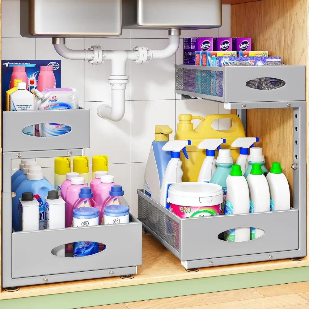 Under Sink Pull Out Storage Shelf 2 Tier Adjustable Mesh Drawer for Kitchen Bathroom Laundry Pantry XL