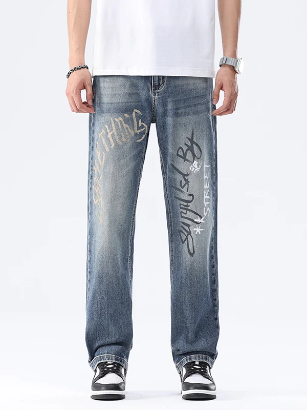 

American High Street Sle Men's Loose Straight Leg Jeans Faionable fiti Print Casual Long Trousers Trendy